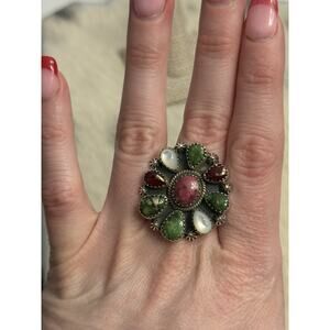 Sterling Silver Red Dahlia Mother Pearl Sonoran Gold Turquoise Cluster Ring 925